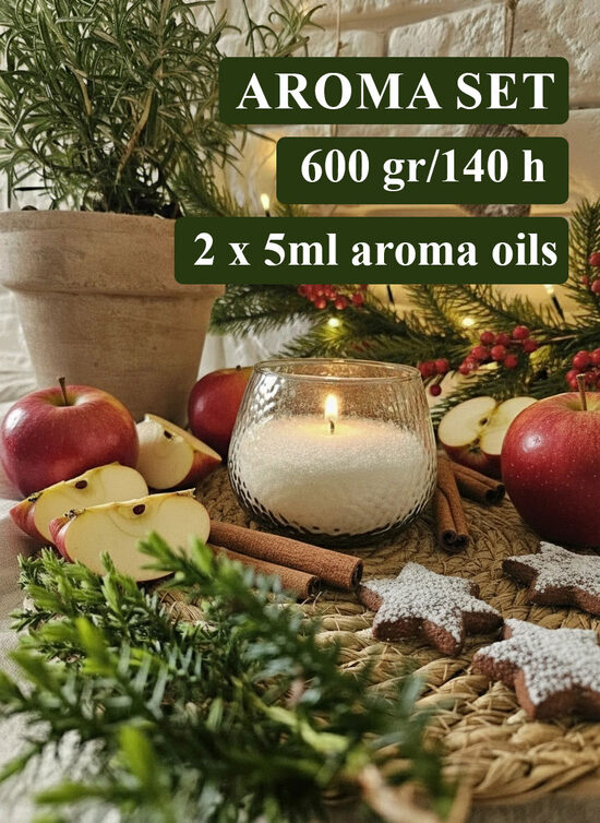 Ziemassvētku Aroma set - Pērļu vaska (600 g)  komplekts ar aromātisko eļļu Piparkūkas un Ābolu pīrāgs