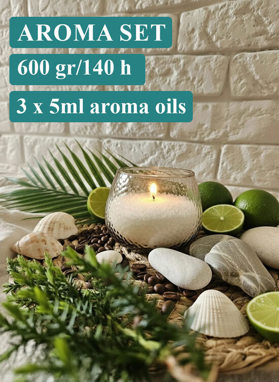 Tropu Aroma set – Pērļu vaska (600 g) komplekts ar aromātisko eļļu Laims, Brazīlijas kafija un Saldais apelsīns