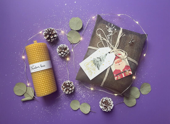 Christmas Honey Light Wood Wick Edition set of 2 large beeswax candles with a wooden wick